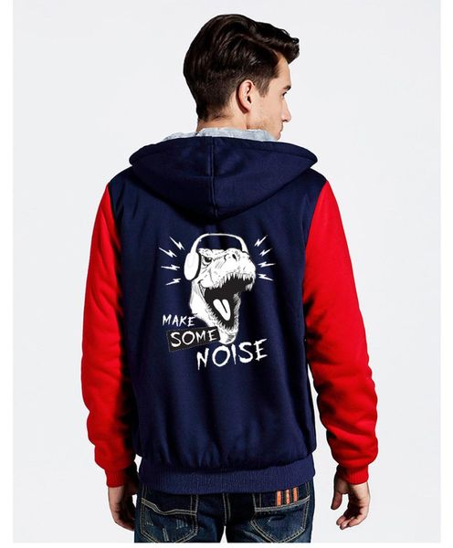 

make some noise thick hoodie rock heavy metal hip hop men hoodies fun dinosaur print hooded winter jacket, Black
