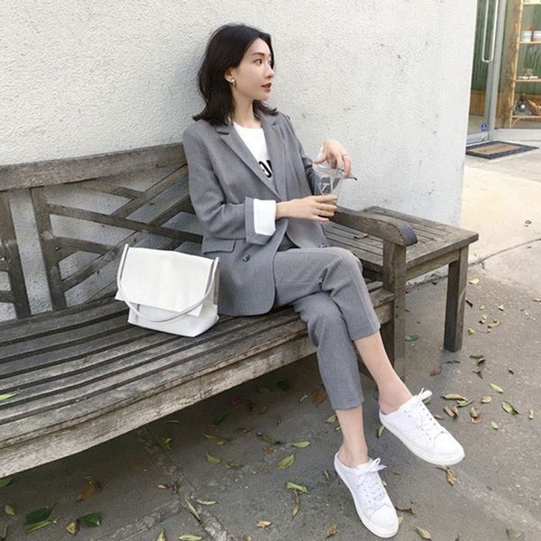 

work pant suits 2 piece sets double breasted solid blazer jacket zipper trousers suit for women set feminino spring, White;black