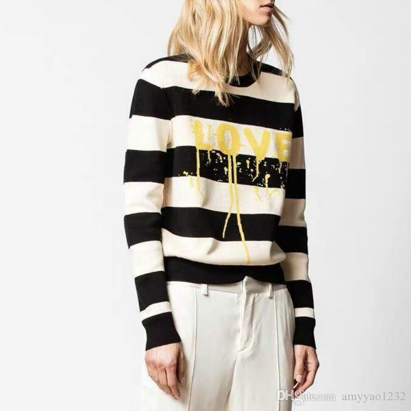 

1010 2019 осень бренд же стиль свитер пуловер полосатый с длинным рукавом круглый вырез мода роскошные женская одежда leding, White;black