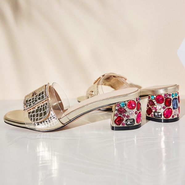 

mljuese 2019 women slippers soft cow leather gold color summer crystal heel buckle strap open toe beaches sandals party size 43, Black