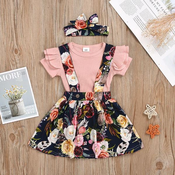 

3pcs toddler kid infant baby girl outfits clothes ruffles knitting bodysuit+tutu bib floral dress set cotton cute clothing, White