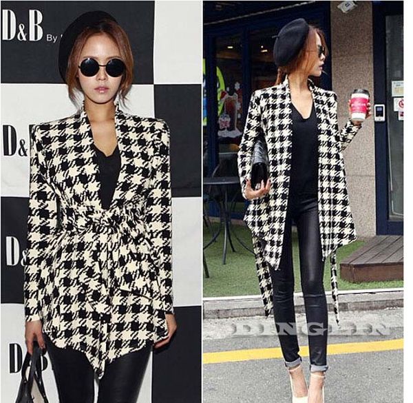 

tfgs 2016 fashion spring autumn jacket women long sleeve houndstooth print casual slim belt peplum cardigan coat outerwear, Black;brown