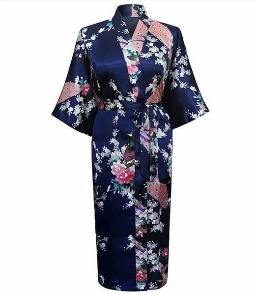 

navy blue womans sleep robe kimono summer bath gown yukata nightgown female silky sleepshirts casual home wear nightwear s-3xl, Black;red