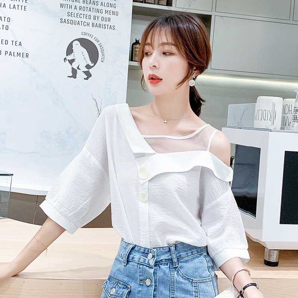 

sweet very fairy shoulder women's summer 2020 new trendy chiffon shirt short sleeve blouse women jfmhrx, White