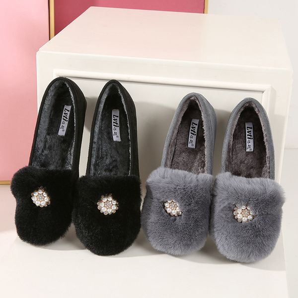 

casual woman shoe loafers fur shallow mouth round toe slip on shoes for women women's moccasins female footwear slip-on big, Black