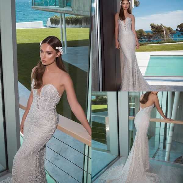 

2019 кристалл дизайн свадебные платья сексуальная без бретелек рукавов спинки кружева аппликации свадебные платья развертки поезд пляж русал, White