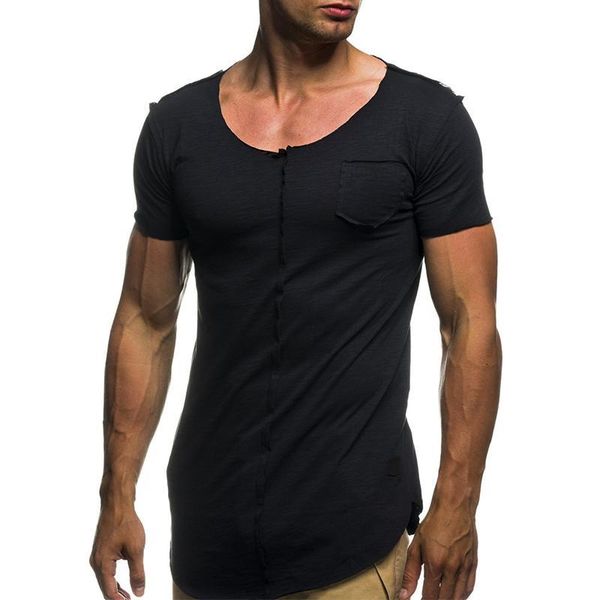 

leadsummer long t shirt men short sleeve fitness t-shirt fashion solid slim fit o neck tshirt men's hip hop streetwear, White;black