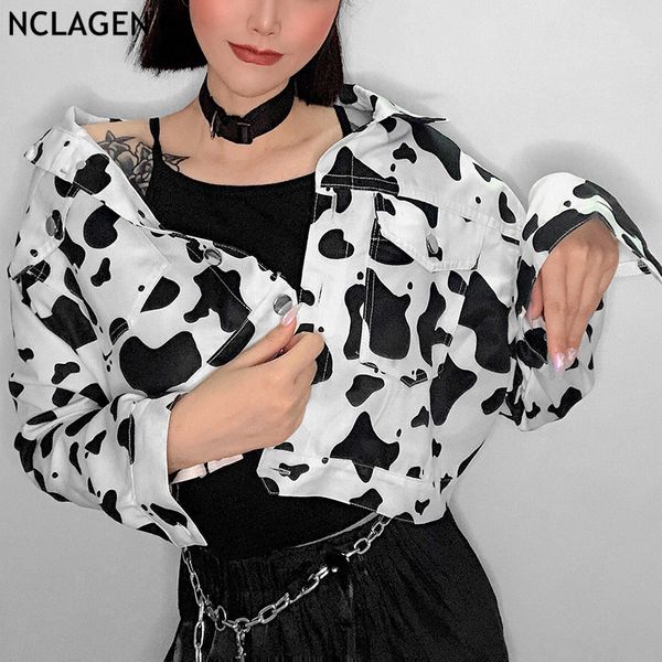 

nclagen 2020 street fashion milk cow print turn down collar short coats women pockets crop cool ladies short outwear jacket, Black;brown
