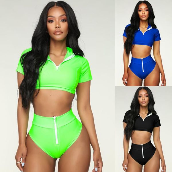 

new sports bikini ladies swimsuit featuring zipper solid color swimsuit