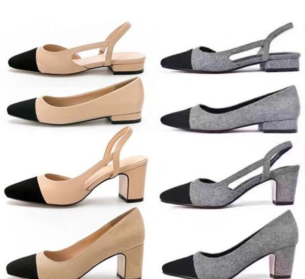 

Designer Calfskin Women Catwalk Kitten Heels Pumps Slingbacks Sandals Mules Flats Beige Grey Dress Wedding Single Shoes With Original Box