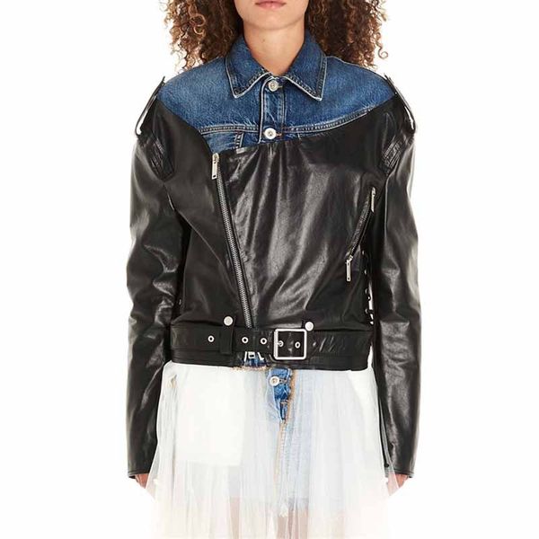 

yalee] new fashion 2019 autumn lapel long sleeve button zipper sashes denim stitching pu leather jacket loose coat woman n148, Black;brown