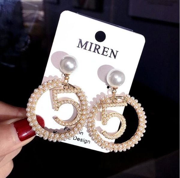 

fashion- new european and american exaggerated fashion love pearl rhinestone shiny number 5 earrings 925 silver earrings, Golden;silver