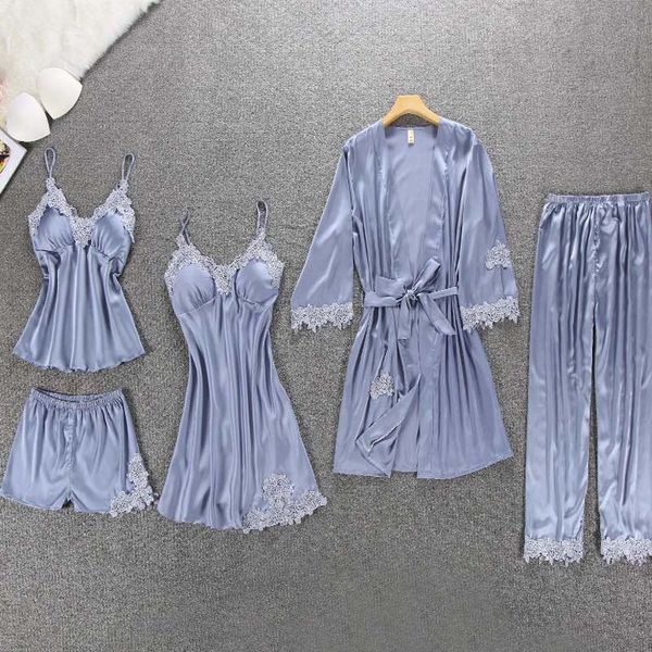 

autumn pajamas for women satin brand 5 piece pajamas sets home sets embroidery sleep lounge with chest pads sleepwear home suit, Black;red