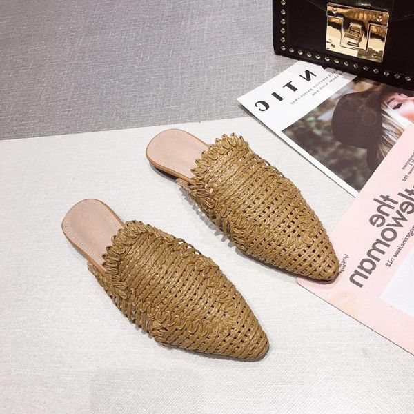 

style new women slippers rattan knit casual sandals indoor floor shoes home mules pointed toe flat shoes woman 2020, Black