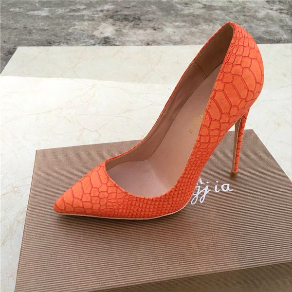 

2019ss fashion women lady orange python snake leather poined toes high heeled heels shoes stiletto shoes pump 12cm 8cm 10cm