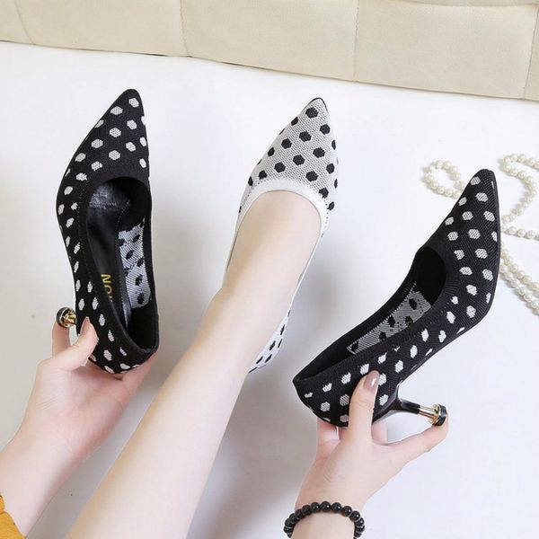 

hkxn new fashion high heels mesh cloth women's spring pointed stilettos wave point decoration elegant female pumps t, Black