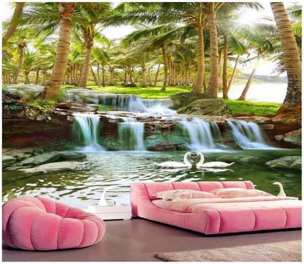 Carta da parati 3D foto personalizzata 3d murales carta da parati Hainan Island albero di cocco foresta acqua cascata paesaggio pittura TV divano sfondo