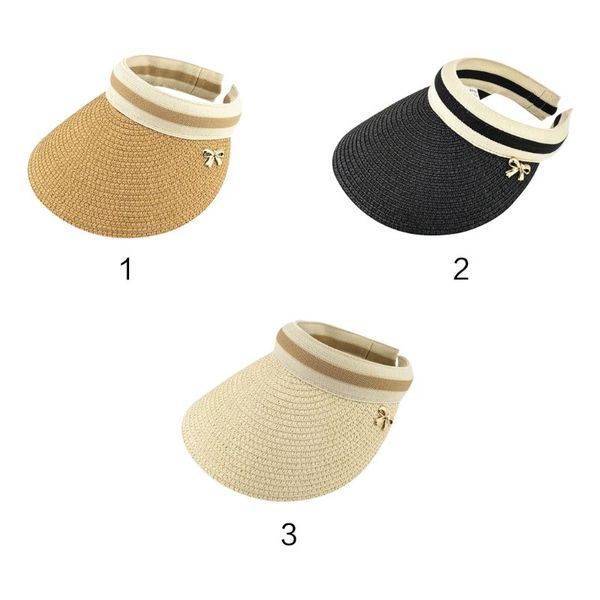 

women summer open straw braided sun visor hat contrast color stripes metal bowknot decor clip-on wide brim sport outdoor, Blue;gray