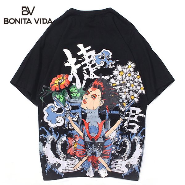

fashion hip hop japanese style samurai flowers print tshirts streetwear harajuku casual short sleeve tees shirts, White;black