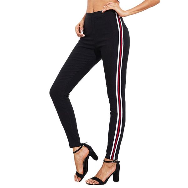 

women striped side slim elastic skinny pants casual trousers black s, Black;white