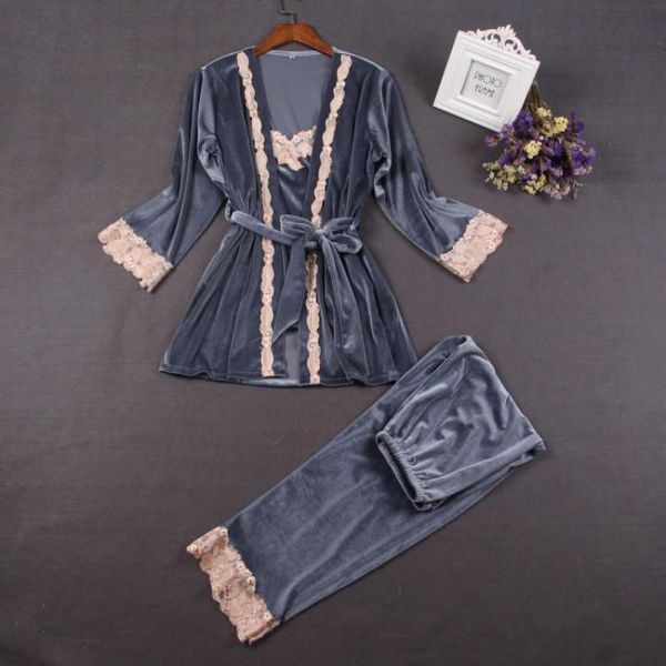 

осень зима женщины бархат теплый 3 шт. пижамы сексуальный ремень toppantsrobe домашняя одежда досуг пижамы пижамы комплект, Blue;gray