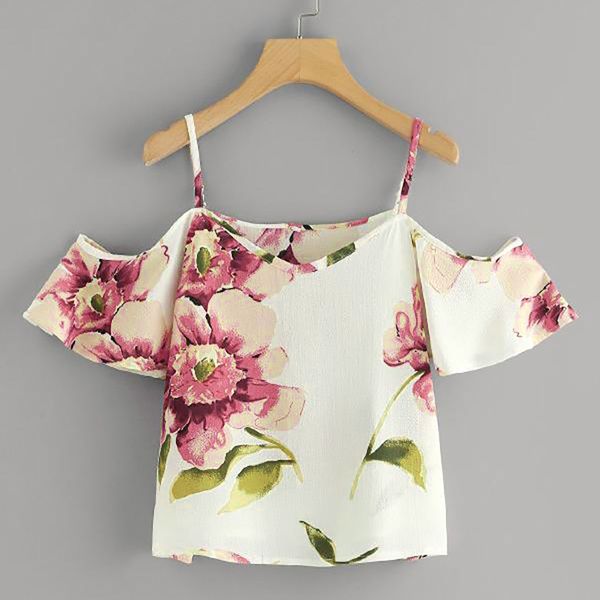 

women summer printed blouse cold shoulder top, White