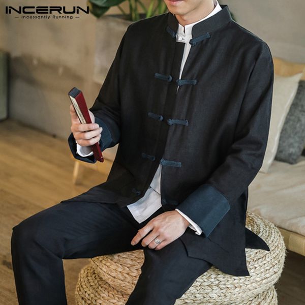 

2019 chinese style traditional shirt men cotton button vintage patchwork tang suit blouse long sleeve mens casual shirts incerun, White;black