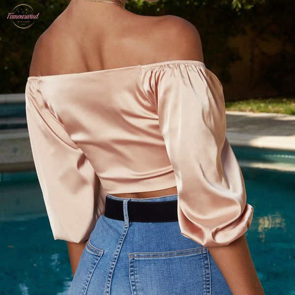 

slash neck women off shoulder 3 4 sleeve cropped shirts bow tie t shirt summer party tee shirts satin clothes, White
