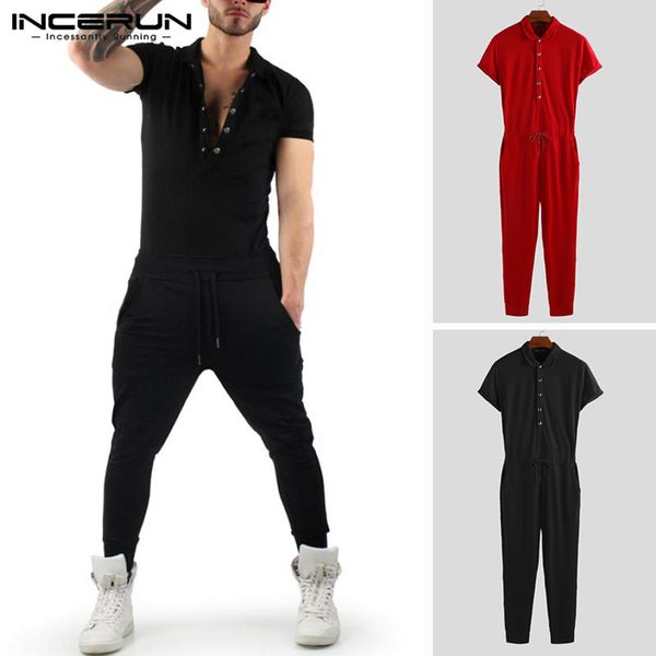 

incerun men jumpsuit solid shortsleeve slim bodybuilding pants rompers workout tracksuit overalls men 2020 streetwear plus size, Black