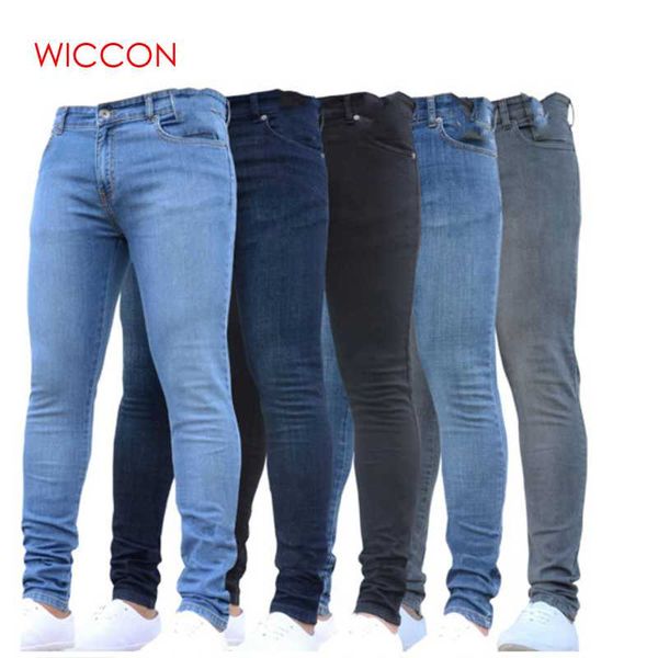 

new mens pencil pants 2019 fashion men casual slim fit straight stretch feet skinny zipper jeans for male sell trousers, Blue