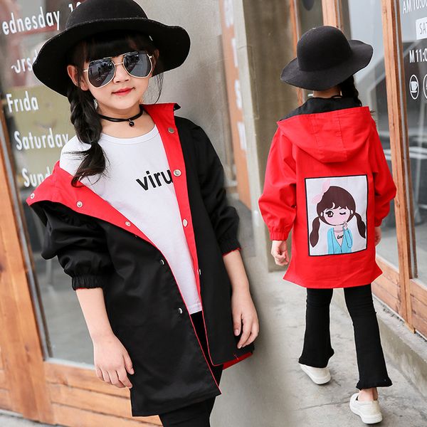 

children's wear girls cartoon printing windbreaker korean child long sleeve hooded girls trench, Blue;gray