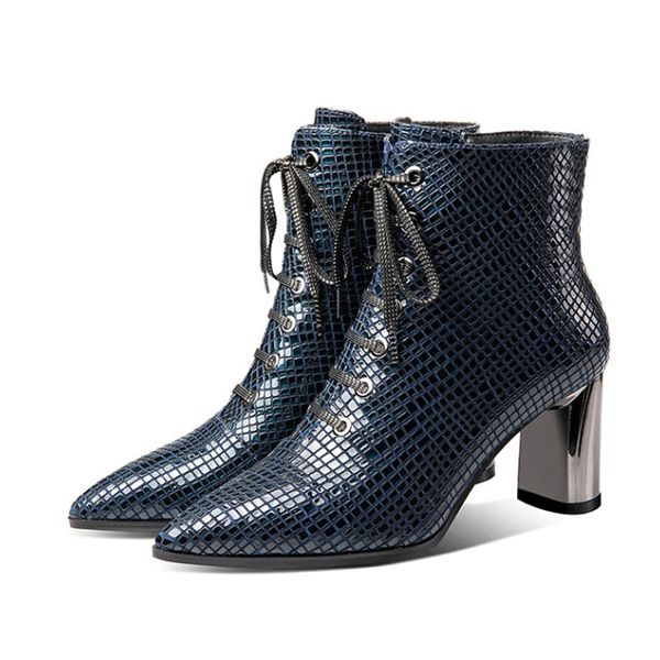 

women snake print booties  cm metal heel pointed toe women ankle boots fashion cross tied winter ladies shoes black blue