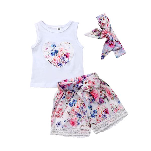 

3pcs newborn baby girl kid floral clothes +casual shorts+headband casual sleeveless baby girl clothing summer, White
