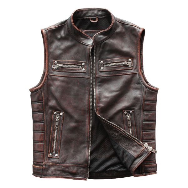 

2019 vintage brown men motorcycle leather vest plus size 4xl genuine cowhide spring slim fit biker's natural vest ing, Black