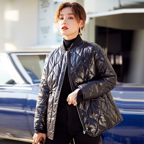 

lanmrem 2020 new spring women fashion stand collar solid color cotton coat high street loose diamond cotton clothing tide pc940, Black