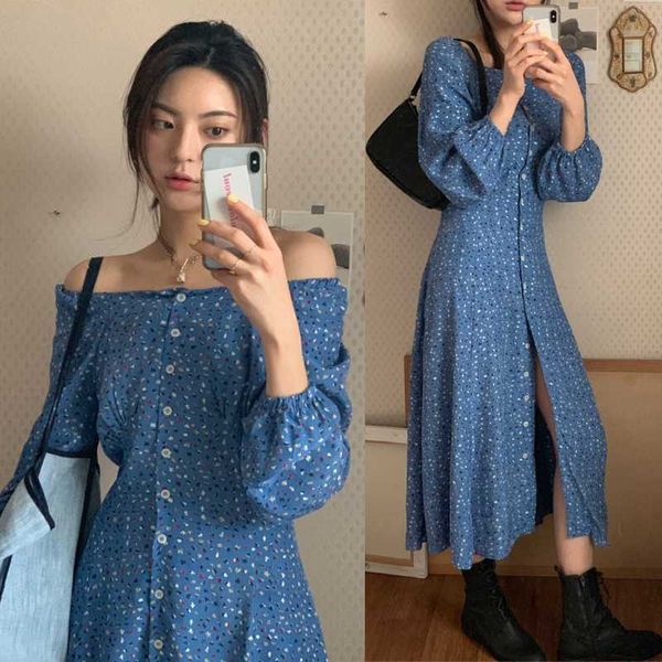 

women autumn long floral shirt dress puff sleeve square neck a-line ladies vestidos blue elegant robe femme sukienki jurken jurk, Black;gray