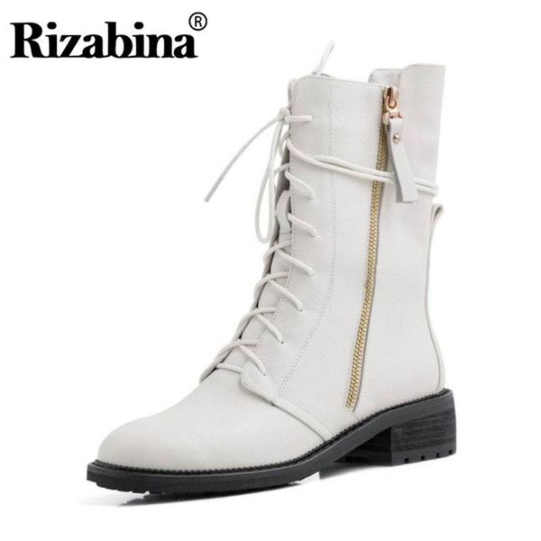 

rizabina women mid calf boots real leather winter autumn shoes women lace up zipper square heels motorcycles footwear size 33-43, Black