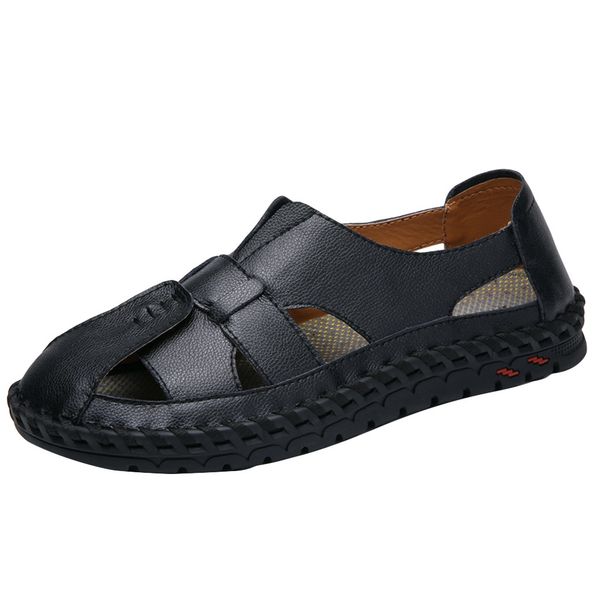 

sagace 2019 sandals men's shoes solid color europe and the united states retro men's flat summer new hollow sandals roman shoes, Black