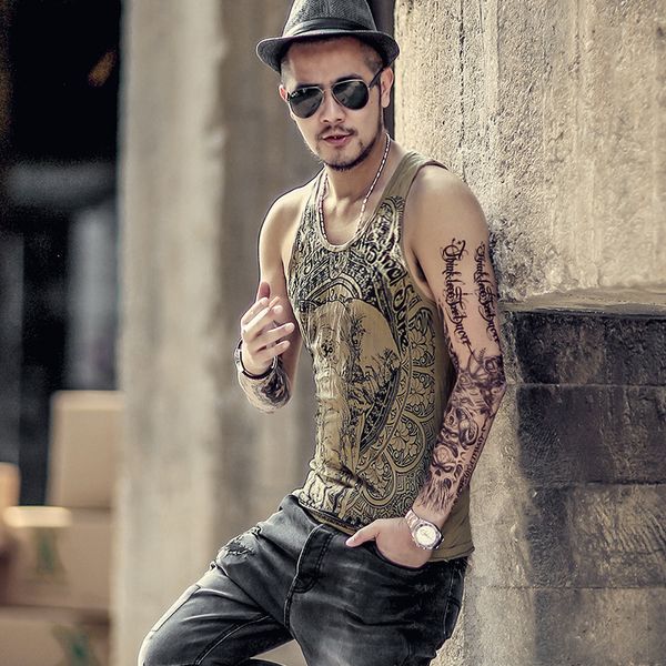 

retro blue elephant printed men ' casual vest male cotton sleeveless tank bodybuilding tank men summer t680-1, White;black