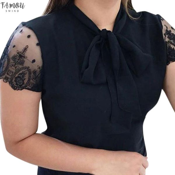 

2019 womens blouse summer work office lace bow short sleeve chiffon shirt casual blouse female blouses fashion new, White