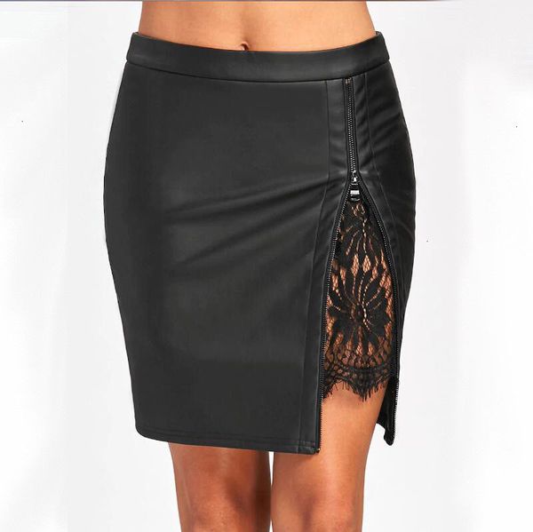 

women skirts pencil skirt office new lady formal lace patchwork bodycon skirts zipper pu leather black lace summer fashion