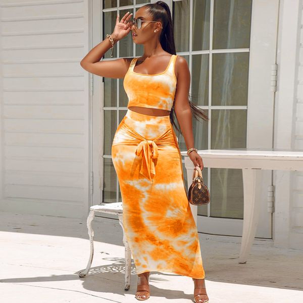 

ook tie dye bandage two piece set fashion crop high waist skirt bodycon 2 pieces set 2020 summer women outfits, White