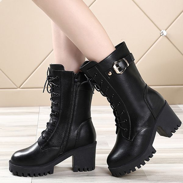 

women's leisure lace-up round toe knee-high buckle zipper short boots shoes, Black