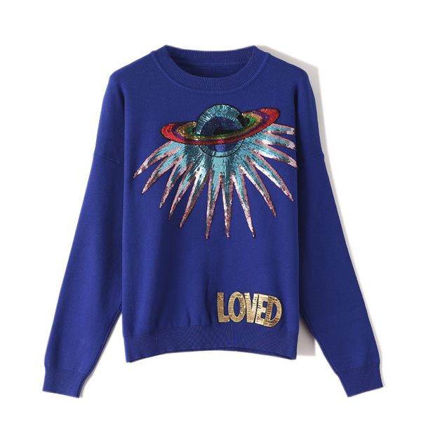 

19fw осень и зима новый женский свитер дизайнер уличной круглый вырез свитер звезда письмо блесток вышивка свитер бежевый черный синий, White;black