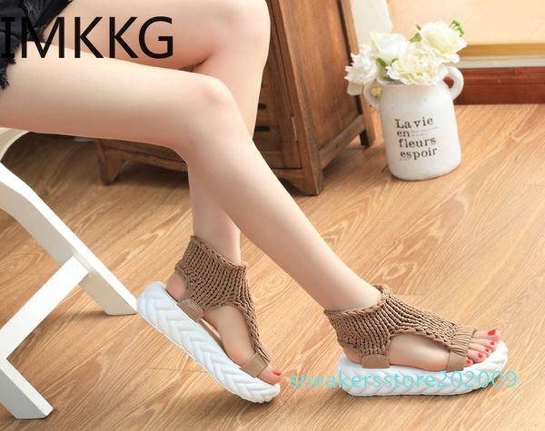 

summer causal med heels sandals women knitting wool peep toe ladies platform shoes solid comfortable fashion wedge sandals s09, Black