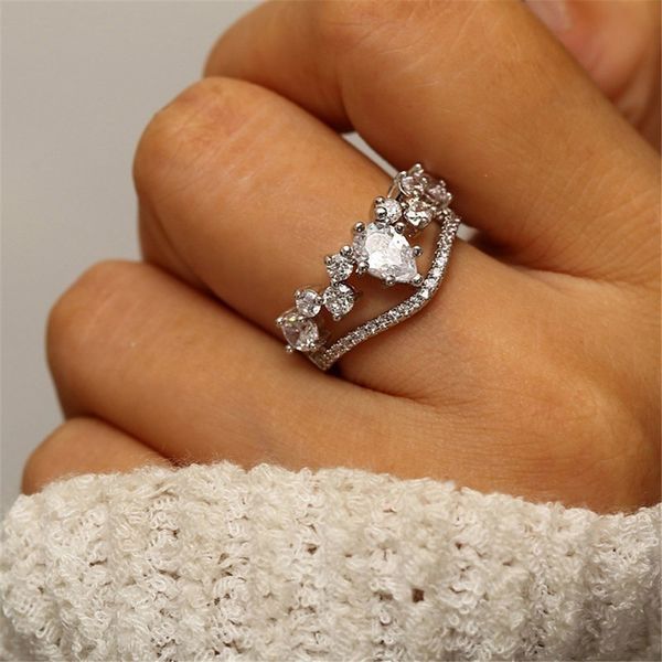 

cute boho female queen crown ring vintage 925 silver wedding rings for women zircon stone engagement ring valentine's day gifts, Slivery;golden