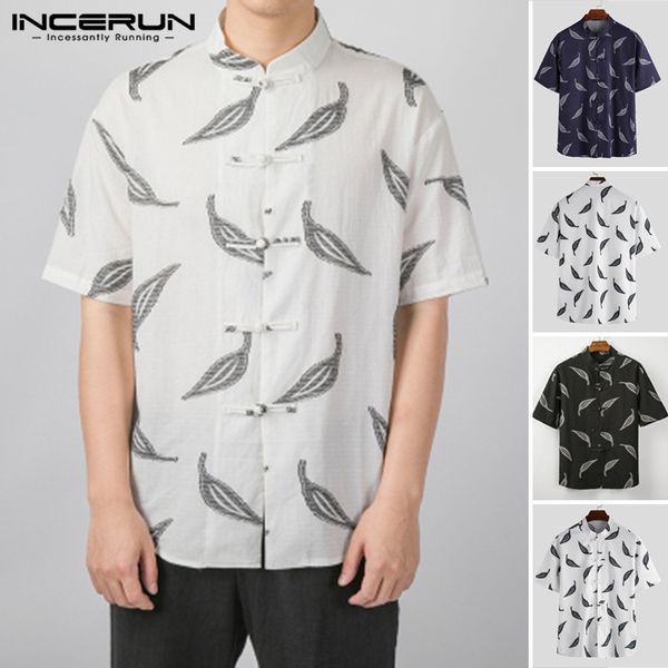 

mens short sleeve shirt chinese style printed shirts man ethnic loose buckle blouse casual summer stand collar retro camisa, White;black