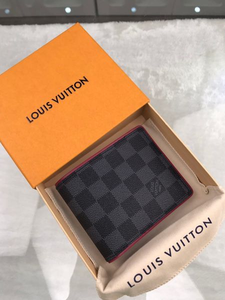 

Fa hion black grid word canva men hort wallet with box women genuine leather quare wallet pur e women cardholder n63260