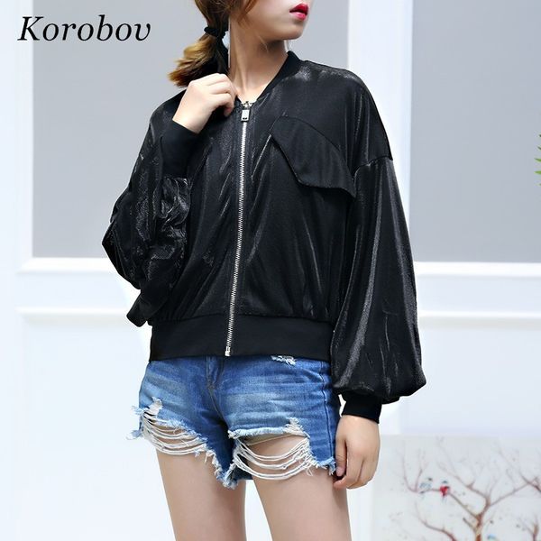 

korobov korean casual loose solid lurex baseball jacket fashion women outwear 2018 new auttum pockets zippers coats 76021, Black;brown