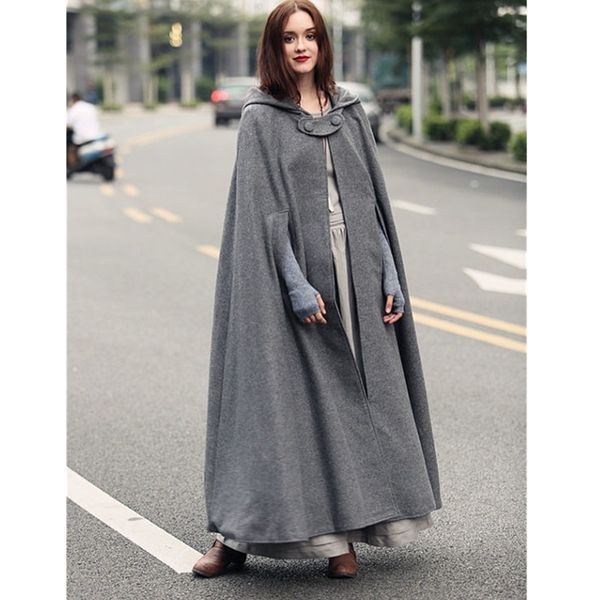 

winter maxi hooded wool coat medieval vintage cashmere shawl loose long hooded cloak cape long wool jacket plus size s-xl 2020, Black